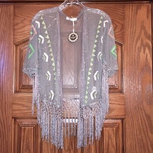 NEW! Hazel Sheer Beaded Kimono with Fringe